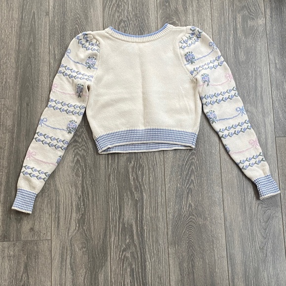 LoveShackFancy - Cream Sweater w/ Blue Floral & Bow Embroidered Detail - Size XS - Picture 7 of 8